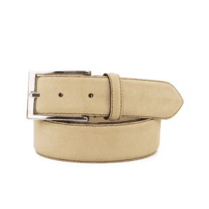 Zandkleurig suède riem met zilverkleurige gesp.
