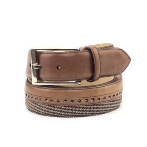 Brogues riem in bruin tweed met brogue baan.