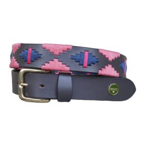 Bruine poloriem met koperen gesp en waxgaren in rose, navy en fuchsia