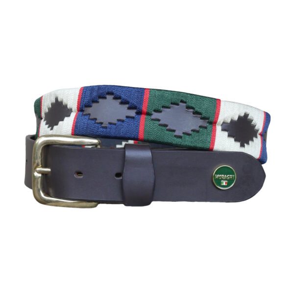 Bruine poloriem met koperen gesp en waxgaren in groen, blauw, crème met rood streepje