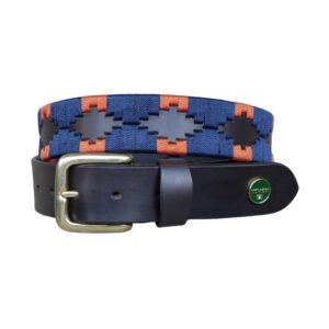 Bruine poloriem met koperen gesp en blauw oranje waxkoord