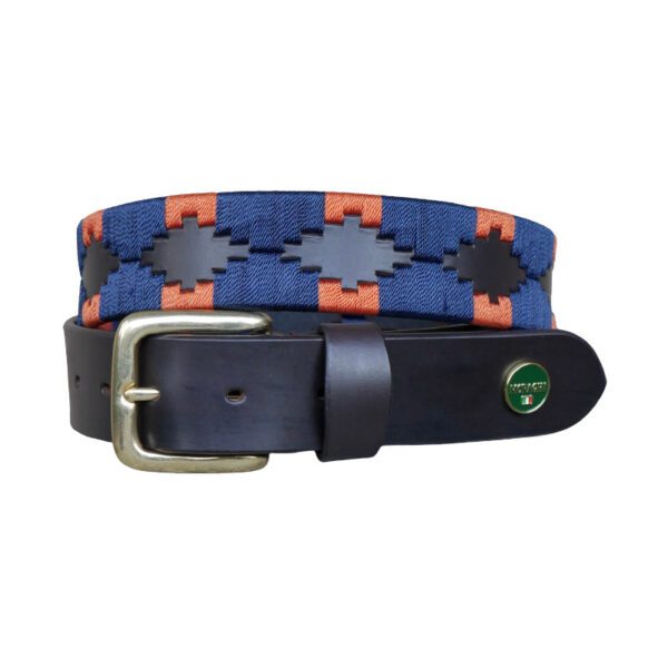 Bruine poloriem met koperen gesp en blauw oranje waxkoord