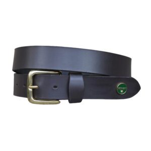 Donkerbruine tuinieren riem met koperen gesp en het logo van MORAGHI