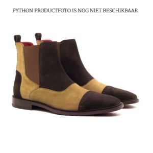 Chelsea Galway in licht-, en donderbruin suede, bruin elastiek en leren zool.