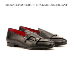 Double monk slipper in combinatie zwart krokodillen leer en kalfsleer met rode binnenkant en leren zool.