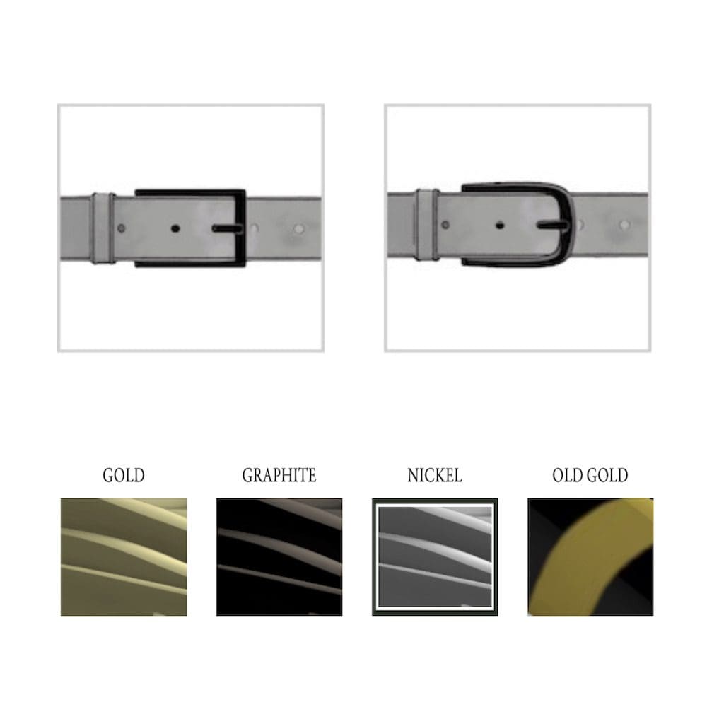 Ikoontjes met de keuze van een ronde of rechthoekige gesp voor een riem en daaronder de kleuren waarin deze gesp gekozen kan worden.