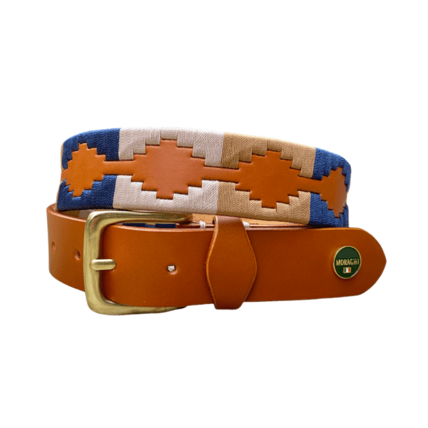Cognac kleurige poloriem met donkerblauw, lichtbruin en beige draad