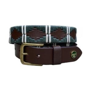 Bruine poloriem met koperen gesp. Waxgaren donkergroen afgewisseld met creme strepen.