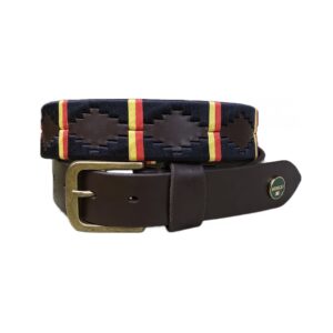 Bruin leren polo riem met zwart garen afgewisseld met een gele en rode streep.