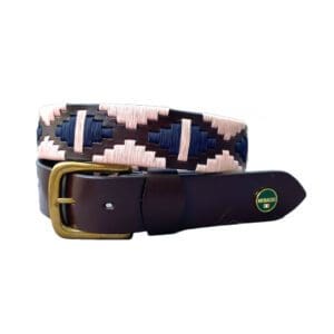 Donkerbruine polo riem met messing gesp. Waskoord in licht rose met donkerblauw