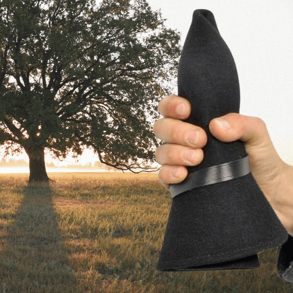 Hand met een opgerolde fedora erin. Boom op de achtergrond