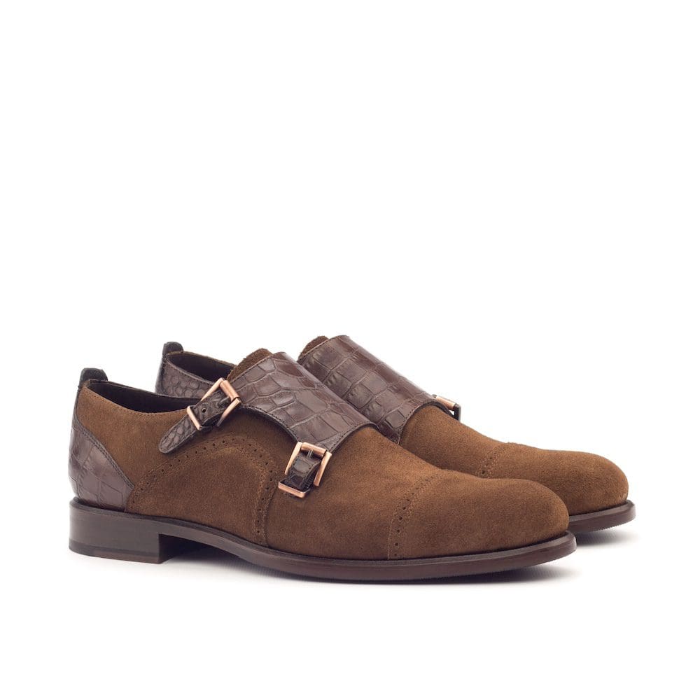 Double monk damesschoen in bruin croco met bruin suede