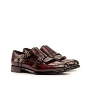bordeaux rood hand geverfd patina double monk kiltie damesschoenen
