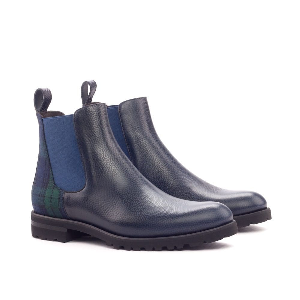 Donkerblauw kalfsleer met black watch tartan chelsea boots