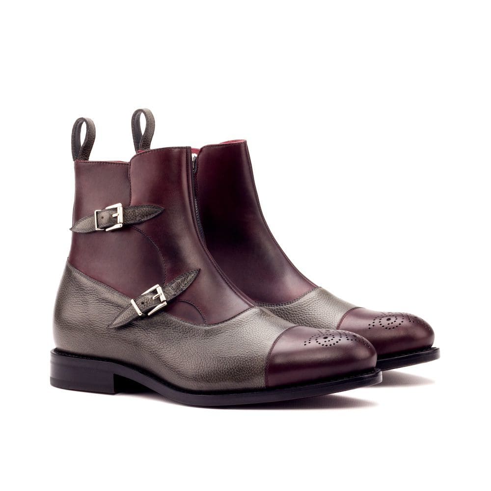 buckle boot in bordeaux rood kalfsleer met grijs leer