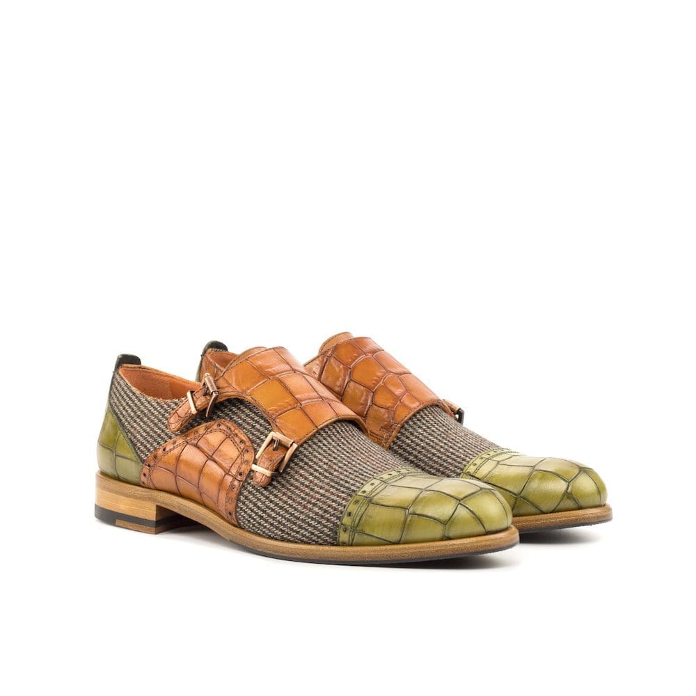 Croco met tweed double monk damesschoen