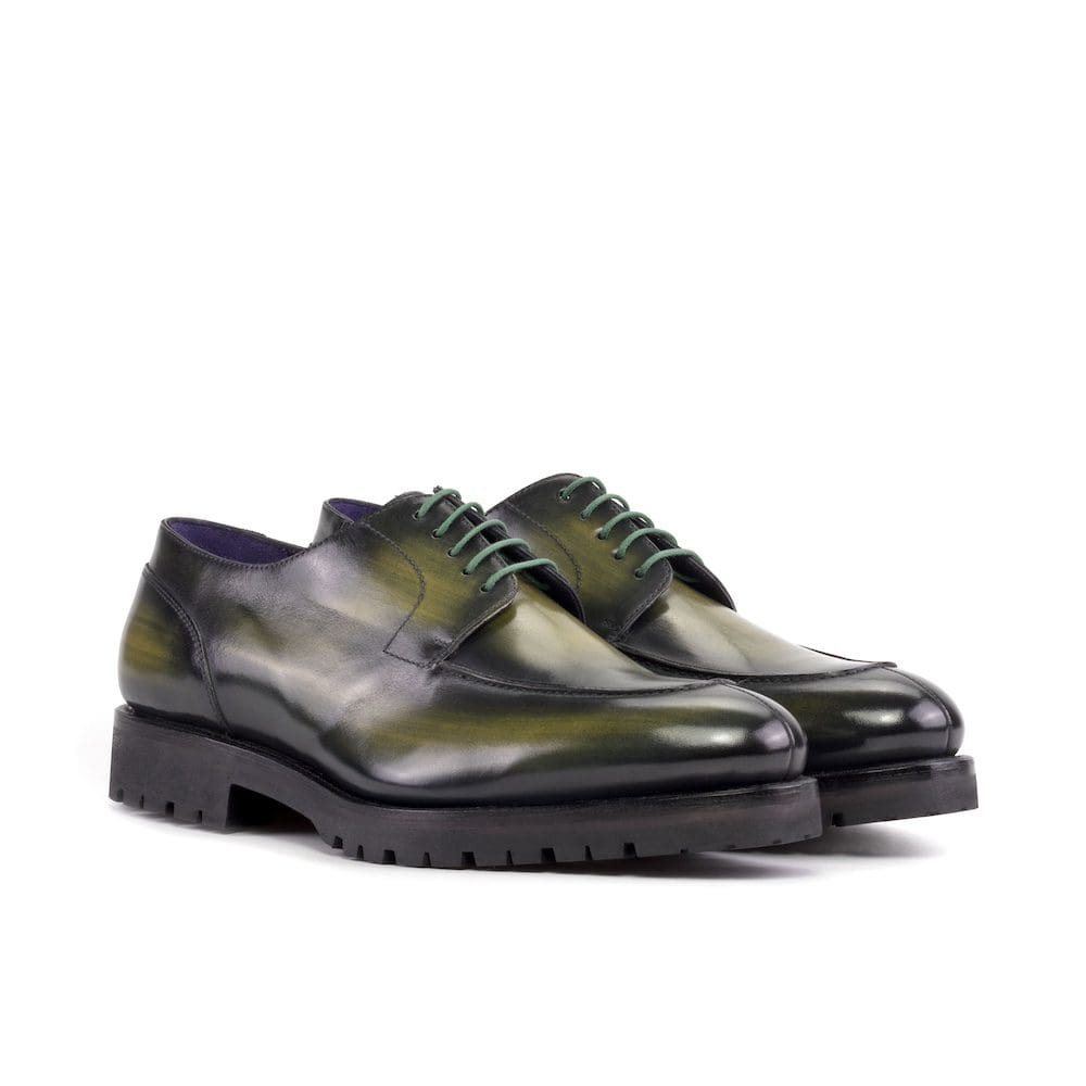 Derby split toe in donkergroen patina met een commando zool