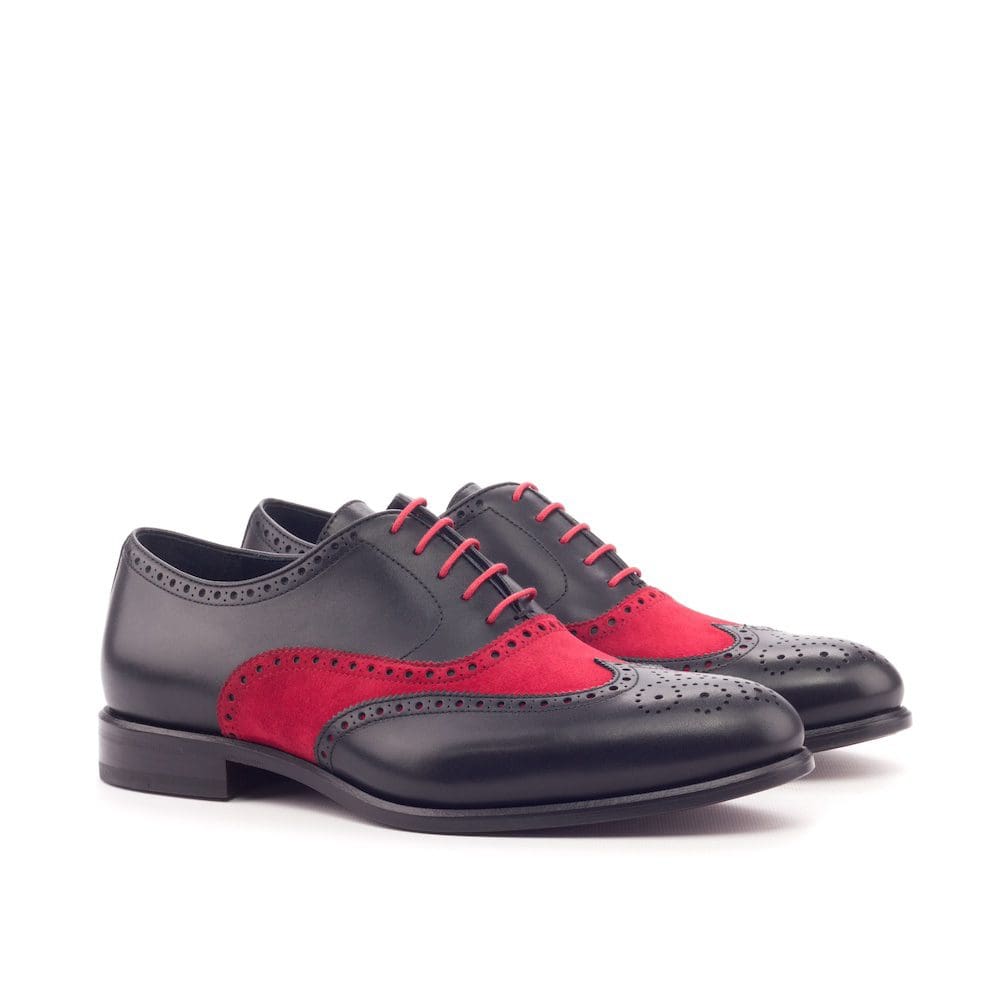 Zwart kalfsleer met rood suede full brogue Oxford herenschoenen.