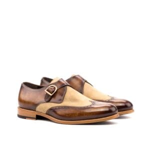 Cognac patina met camel suède single monk herenschoenen
