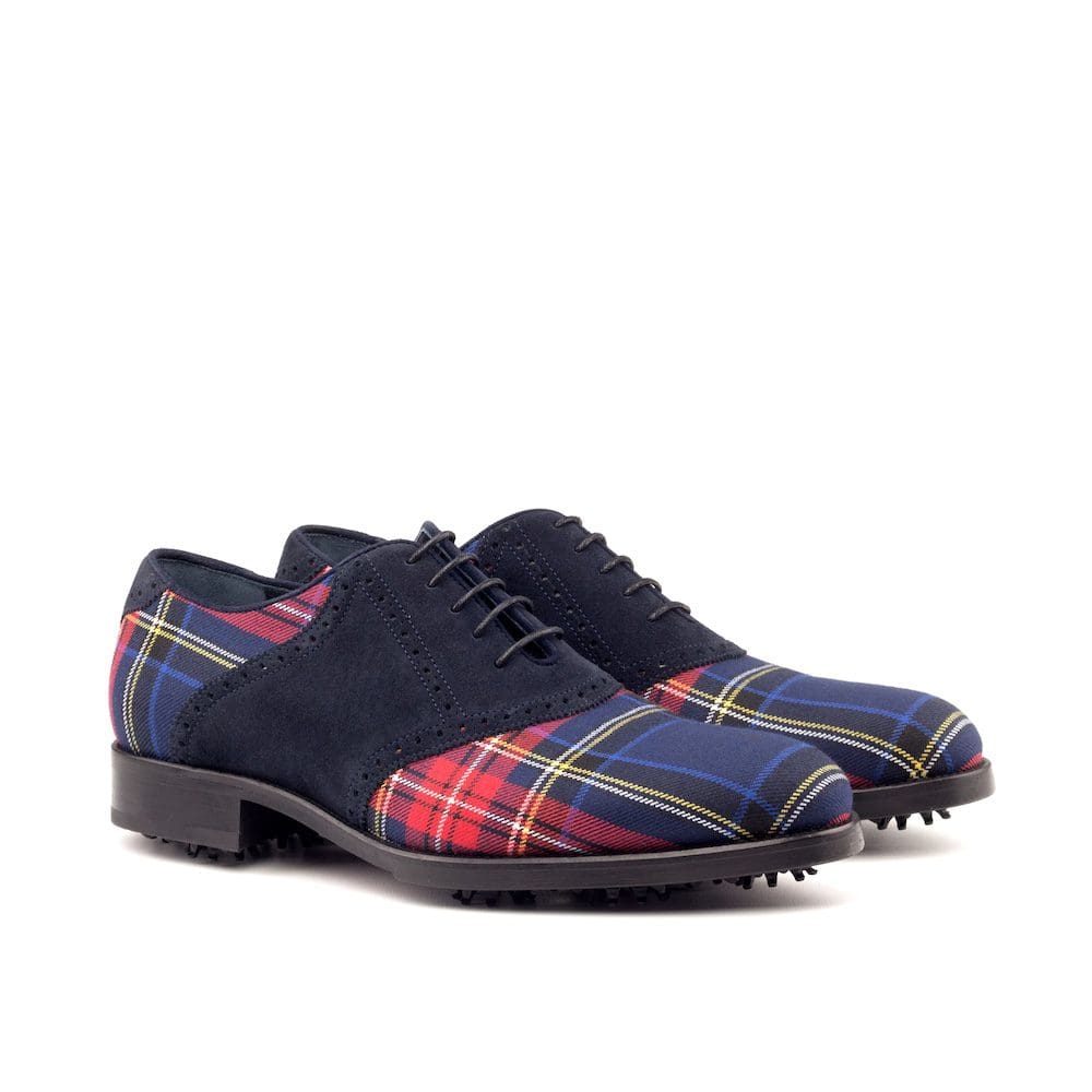 Oxford saddle golf schoenen in donkerblauw suede met rode tartan