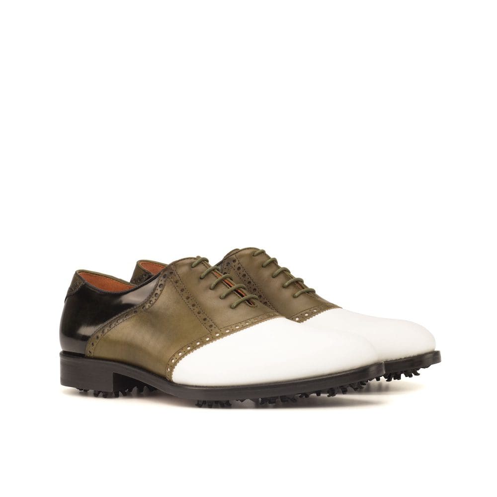 Oxford golfschoenen in zwart, wit en olijfgroen kalfsleer