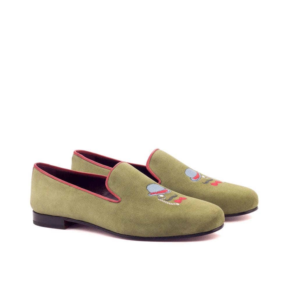 Slipper in kaki suede met borduursel