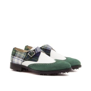 Single monk golf schoenen in groen met wit leer en tartan stof