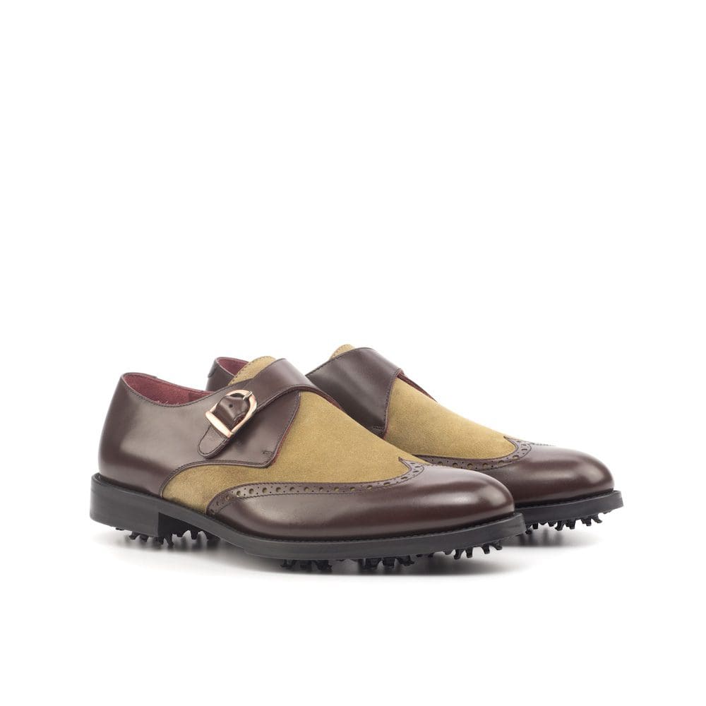 Bruin leer met suede golf schoenen in single monk uitvoering
