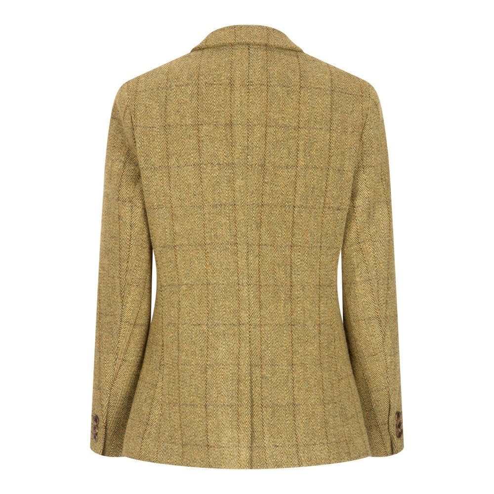 Tweed blazer in stro gele kleur van de achterkant gezien.