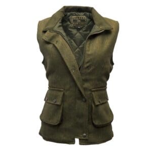 Groene tweed bodywarmer van de voorzijde gezien.