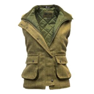 Dames tweed gilet in stro gele kleur voorzijde