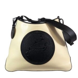 Ivoorkleurige tote handtas met een zwarte afbeelding van een springpaard