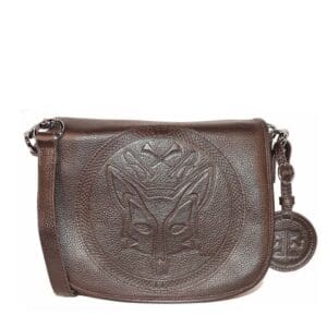 Bruin leren schoudertas met een reliëf van een vossenkop
