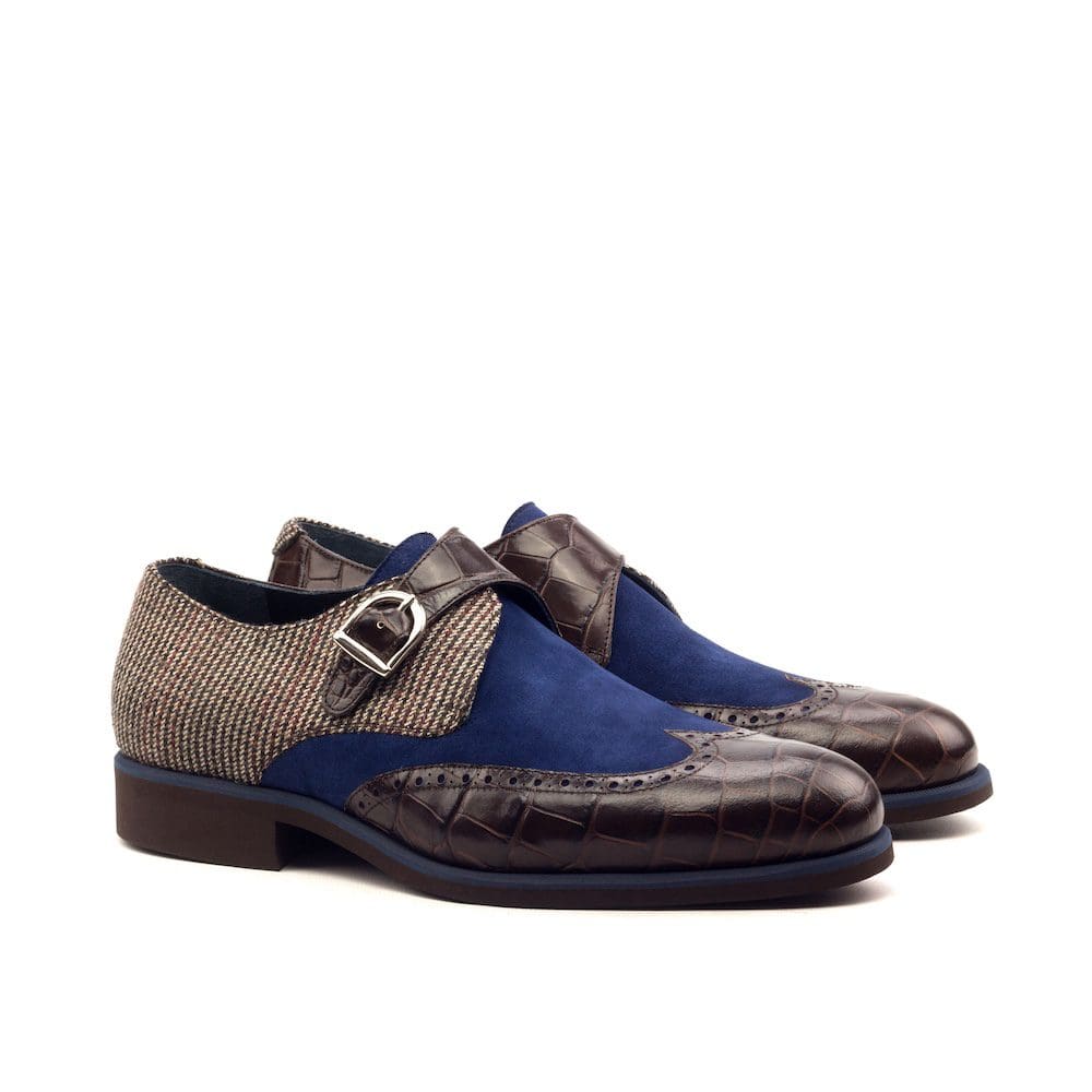 Blauw suede met tweed en croco single monk schoenen