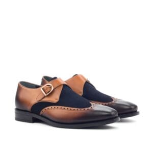 Cognac kalfsleer met donkerblauw suede single monk schoenen