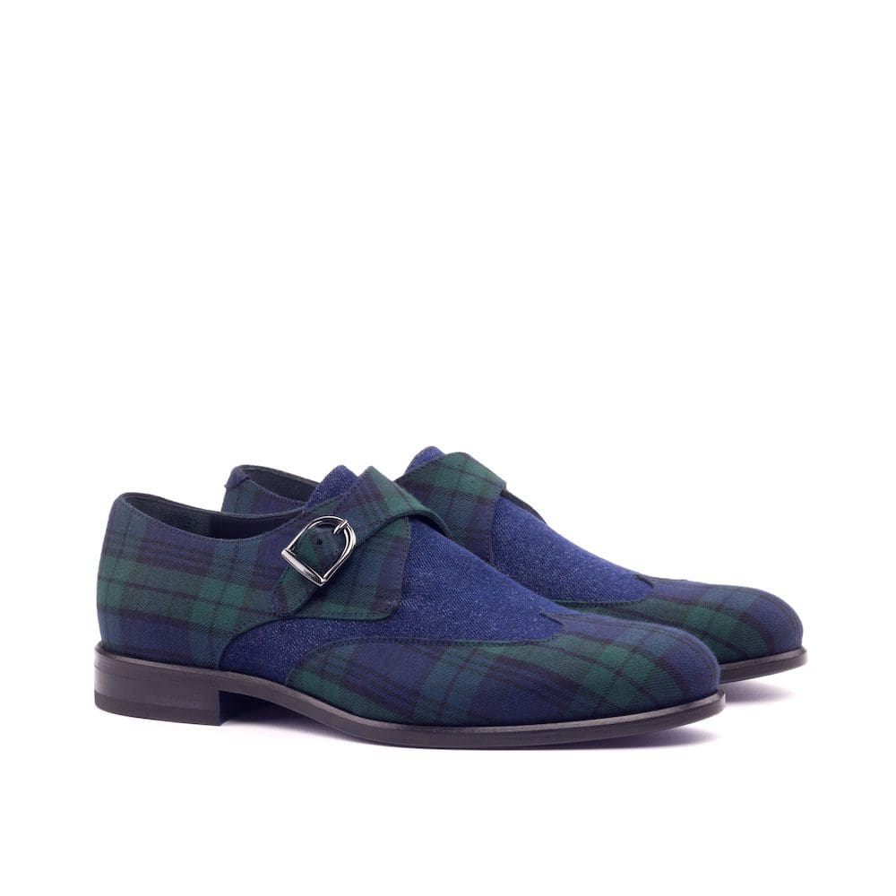 Black watch tartan met blauw suede single monk schoenen