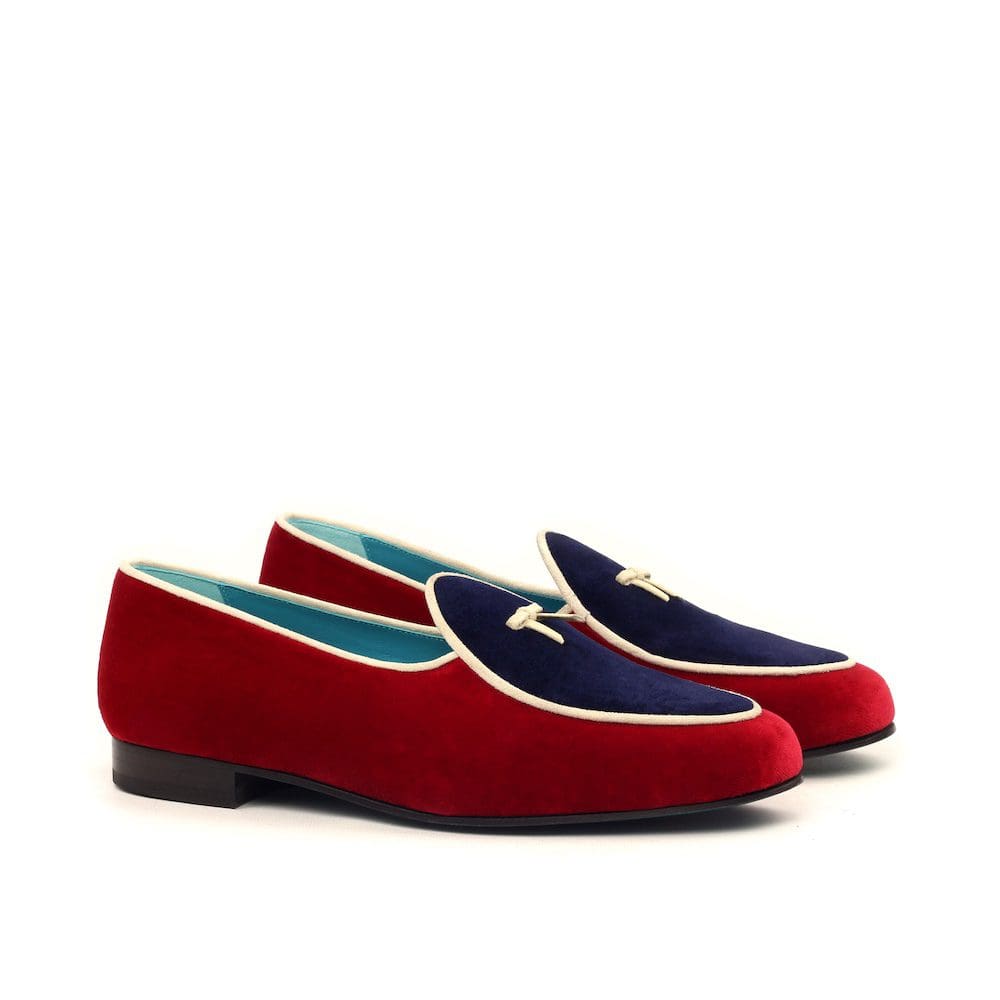 rood met blauw fluwelen belgische loafer