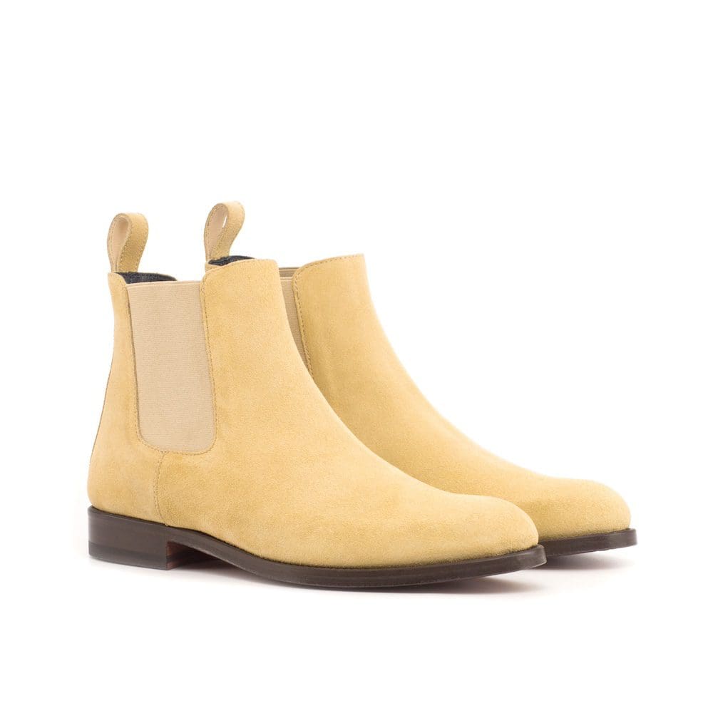 Dames Chelsea boot in luxe suede zandkleur en beige elastiek