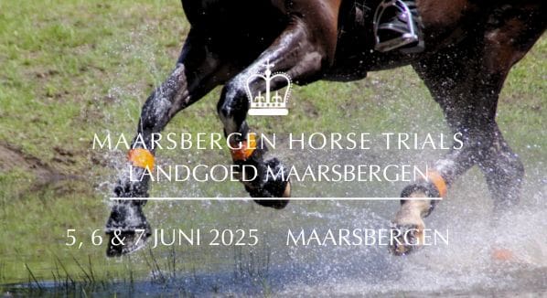 Aankondiging Maarsbergen Horse Trials. Paardenbenen in water.